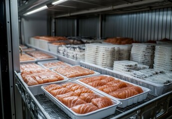 Commercial Refrigeration Unit Displaying Fresh Raw Fish in Storage Trays