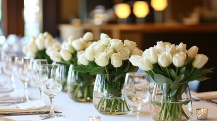 Fototapeta premium Chic Wedding Table Arrangement with White Roses and Tulips in Clear Vases - Exquisite Restaurant Decor