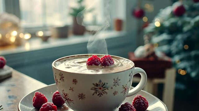Cozy winter drink with raspberries by a Christmas tree, steam rising