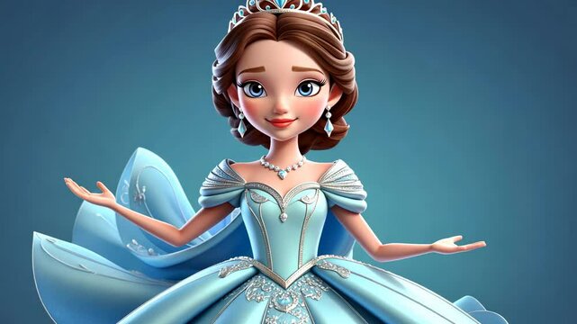 A princess in a beautiful blue gown slowly turns showcasing her elegant attire and regal appearance