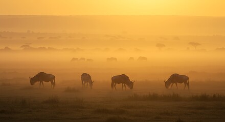 Fototapeta premium Golden Hour in the Serengeti: Wildebeest and Zebra at Sunrise