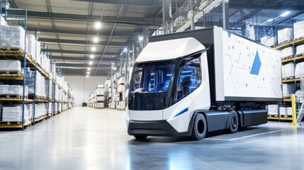 Electric truck loading goods at a distribution center, large logistics warehouse with modern equipment, Eco-tech style
