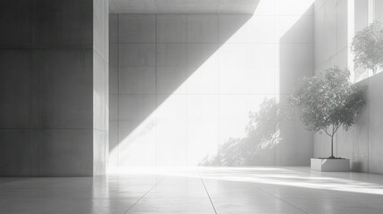 Obraz premium Sunlit Minimalist Concrete Architecture Interior with Greenery