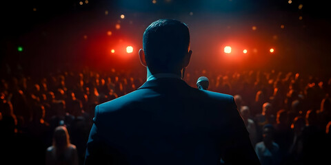 Photo of a Speaker on Stage in Front of a Large Crowd