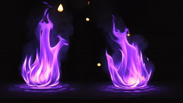 Two purple flames flicker and dance against a black background with small golden sparks appearing