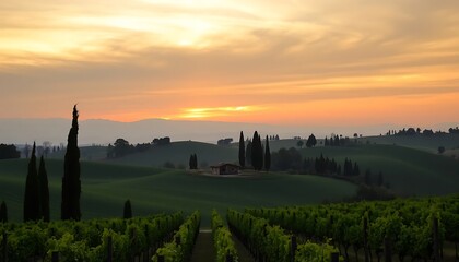 Tuscan Sunset Landscape: Rolling Hills, Cypress Trees, Vineyard Rows, and a Farmhouse at Golden Hour
