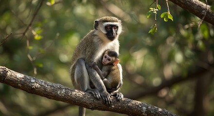 Fototapeta premium A Vervet Monkey Mother Cradles Her Infant in the Lush African Forest