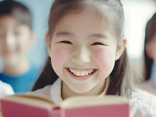 Photo Of A Smiling Young Girl Reading A Book And Showing A Positive Expression