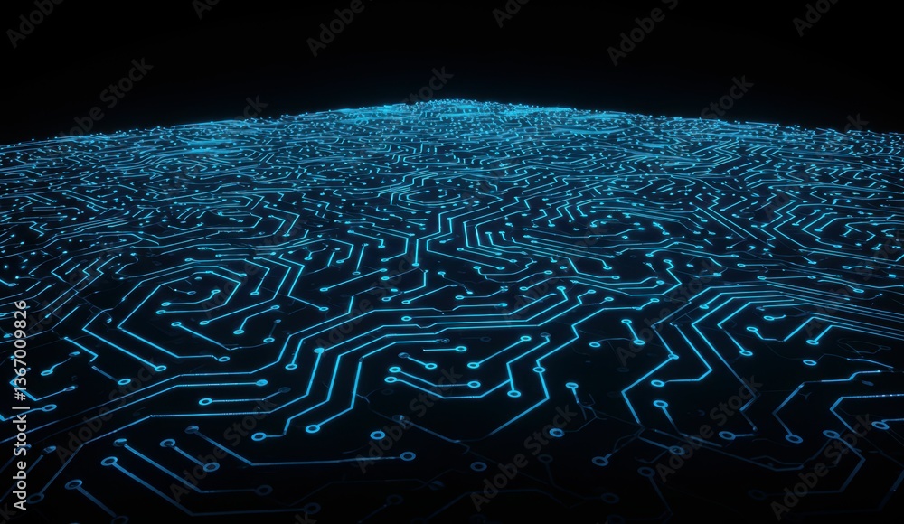 Poster abstract circuit board pattern in blue glowing lines on a black background. technology, digital inno