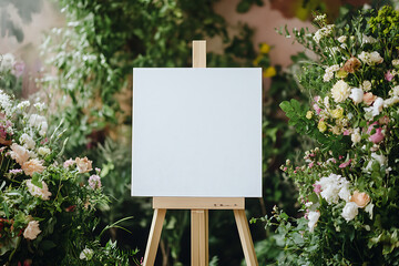 Blank canvas on easel with floral backdrop for wedding or event signage decor