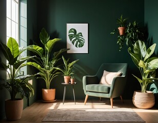 Fototapeta premium Green Living Room with Plants and Armchair