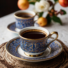 Fototapeta premium Luxury Coffee Experience Traditional Turkish Coffee with Bubbly Foam in an Ornate Cup and Saucer 
