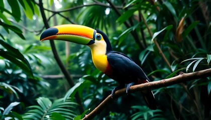 Naklejka premium Vibrant Keel-billed Toucan Perched on Branch in Lush Tropical Rainforest