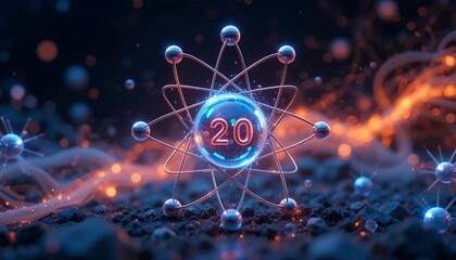 Obraz premium Neon Glowing Atom Model with Number 20, Futuristic Sci-Fi, Abstract, 3D Render, Science Technology Background