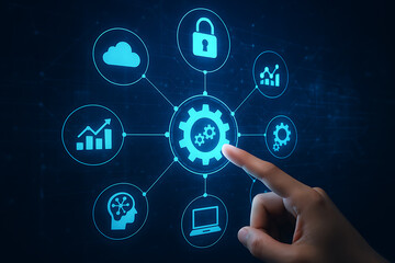 Futuristic digital interface showing automation settings and data management tools with human hand interacting with glowing technology icons for cloud computing artificial intelligence and analytics