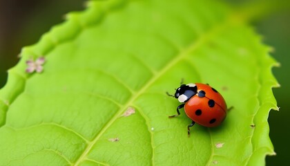 Fototapeta premium Close-up of a ladybug on a vibrant green leaf, showcasing intricate details of both insect and foliage, a stunning natural scene.
