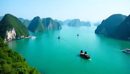 Stunning Aerial View of Halong Bay in Vietnam, Boats Sailing Amidst Lush Green Islands and Turquoise Waters