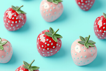 Cute Porcelain Ceramic Strawberry Miniature Sculptures, in Pink and Red, on a Blue Background