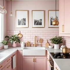 Pink Kitchen Interior Design with Gold Accents