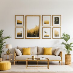 Modern Living Room Interior with Beige Sofa, Gold Frames, and Tropical Plants