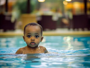 Photo of a Young Baby Swimming Happily in a Blue Pool Water Looking Up