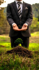 Photo of Businessman Holding Small Tree in Brown Soil and Green Grass