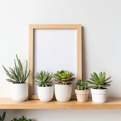 Succulents in White Pots with Wooden Frame on Shelf