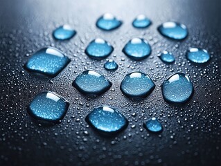 Blue Water Drops on Dark Surface.