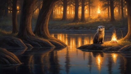 Otter Sitting by Campfire Reflecting on River in Forest Scene