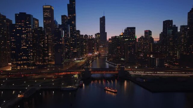 Drone footage of Chicago Outer Drive Bridge at night