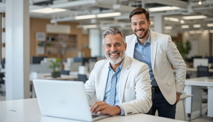 Obraz premium Two professional business men working together in office using laptop for business solutions