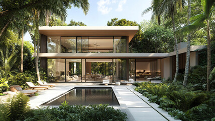 Fototapeta premium Modern villa with lush greenery and pool, tropical setting