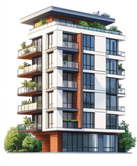 Obraz premium Modern multi story apartment building with balconies and greenery