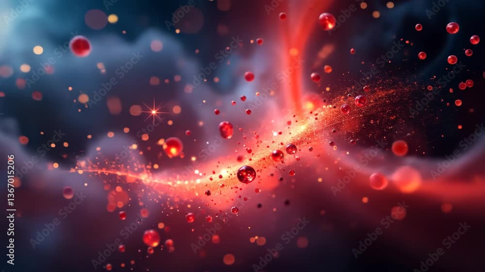 Poster abstract red light swirl with glowing orbs and particles on a dark cloudy background