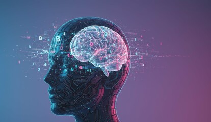 Fototapeta premium Digital brain visualization within silhouette head against abstract blue background. Represents artificial intelligence and technology.