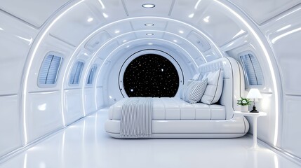 Futuristic bedroom with a space view through a circular window.