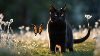 Obraz premium Black Cat Gazing at Butterfly in Meadow During Golden Hour