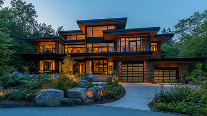 Fototapeta premium Modern house with stacked geometric design and large windows