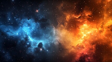 Naklejka premium Cosmic event fiery orange to deep blue nebula space digital art celestial view awe-inspiring colors