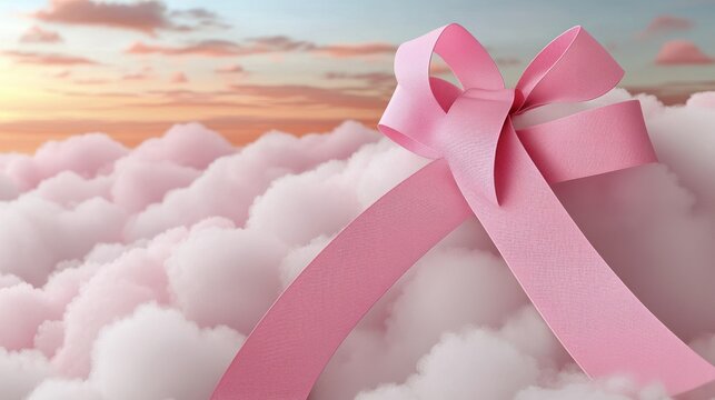 Pink Ribbon on Cloudscape: A Serene Symbol of Hope and Dreams - Powered by Adobe