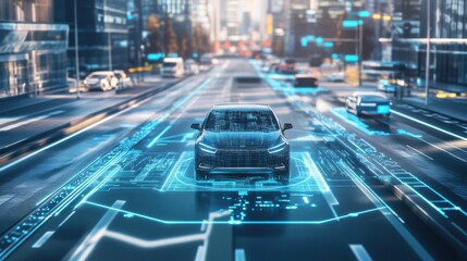 Fototapeta premium Electric vehicle navigating through a smart city with autonomous traffic management systems, futuristic city with smart traffic signals and autonomous vehicles, Eco-tech style