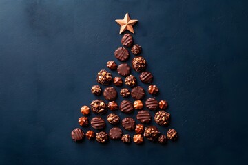 A Christmas tree made of chocolate and sweets on a dark blue background