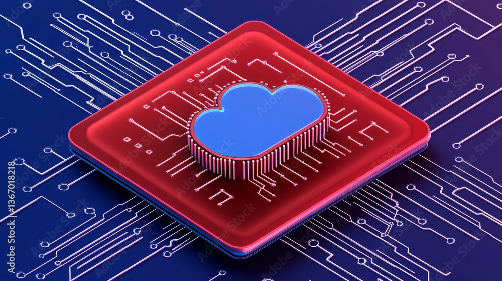 Poster cloud computing technology with stylized cloud icon on circuit board background, representing data s