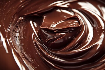 A close-up of swirling chocolate in liquid form, showcasing the intricate patterns and textures created by its motion
