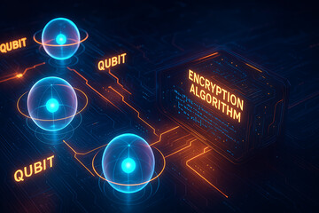 Futuristic quantum encryption algorithm visual with glowing qubits and circuit board design showing abstract secure data processing and advanced cryptography in digital computing environment
