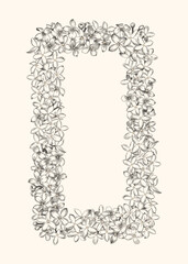 Vertical rectangular frame with lilac. Black and white drawing. Vector botanical illustration. Line art style.