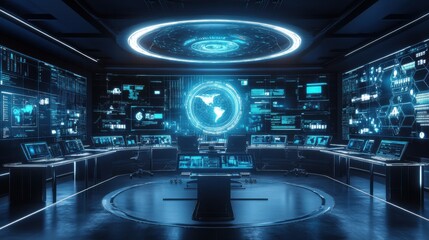 Futuristic AI controlled cyber security command center monitoring global threats, sleek high-tech workspace with glowing digital defense interfaces, next-gen network protection
