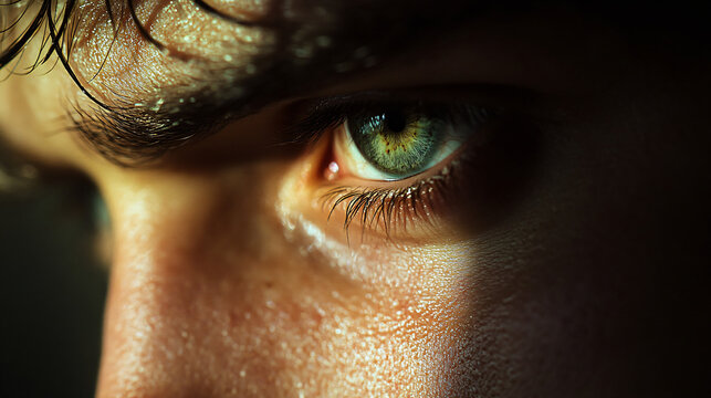 Intimate close-up of a person's eyes capturing thoughtfulness and emotion with a focus on details and the essence of human expression.