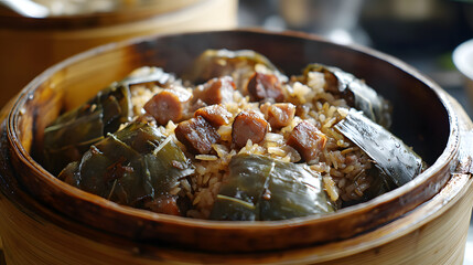 Delicious Sticky Rice with Lotus Leaf, Savory Fillings, Steamed to Perfection in Bamboo Basket