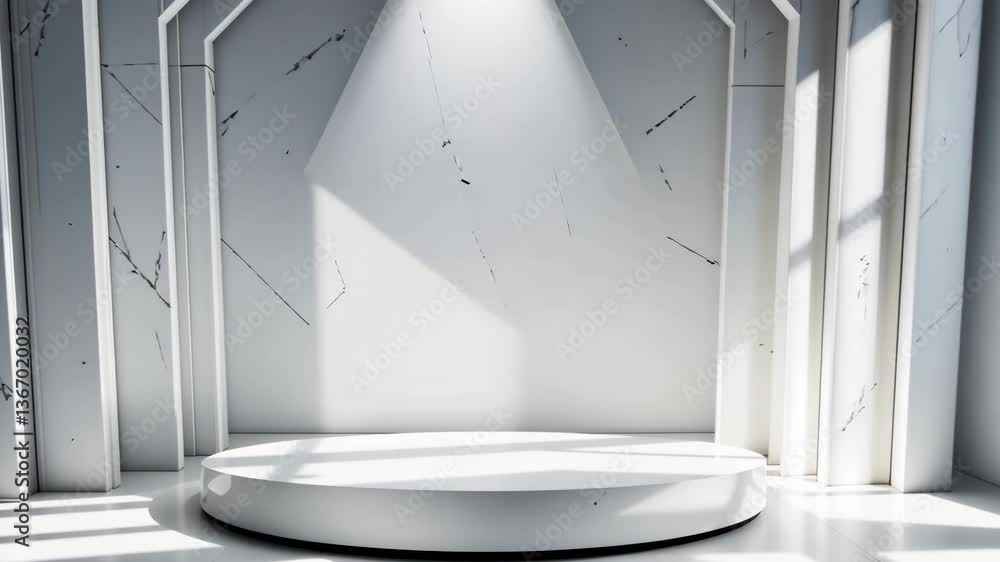 Poster clean white product display platform with geometric architecture spotlights in a bright studio perfe